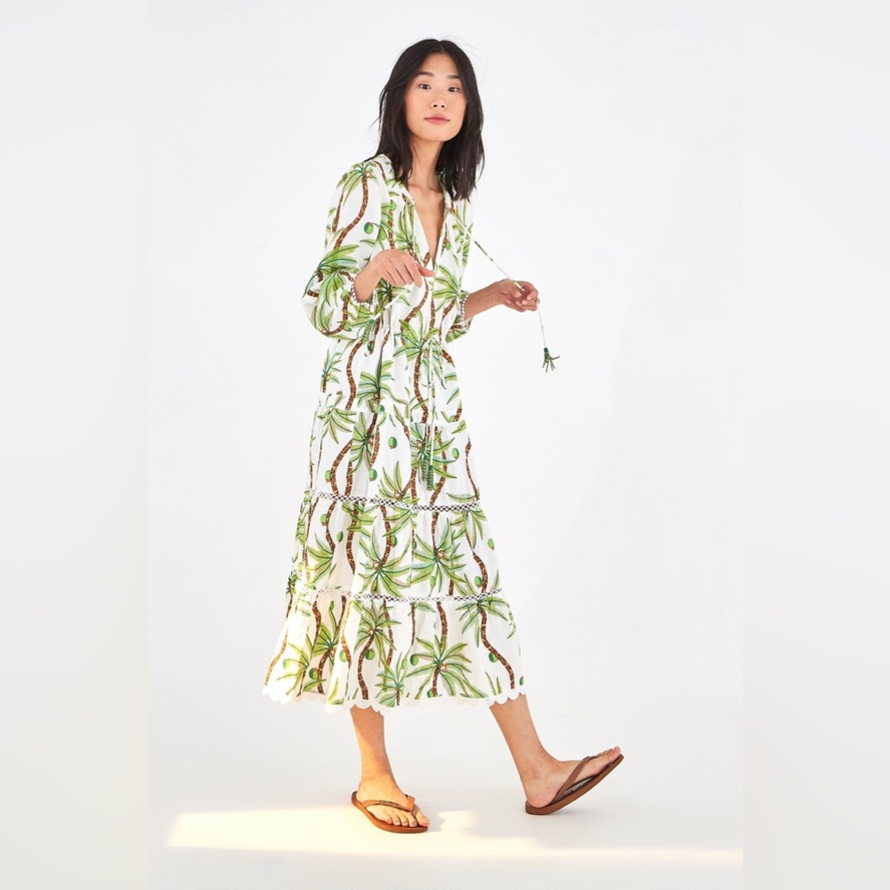 FARM Rio White Midi Dress with Green Palm NWoT S